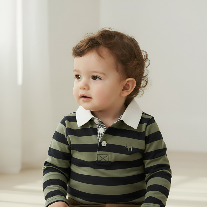 Baby Boys Freddie Polo Romper - Olive/Navy Stripe