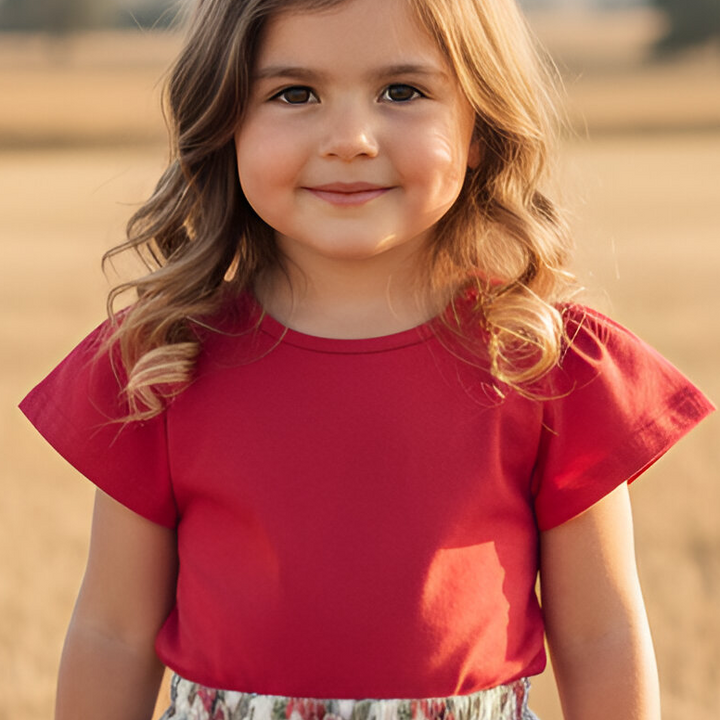 Girls Frill Sleeve Top - Red