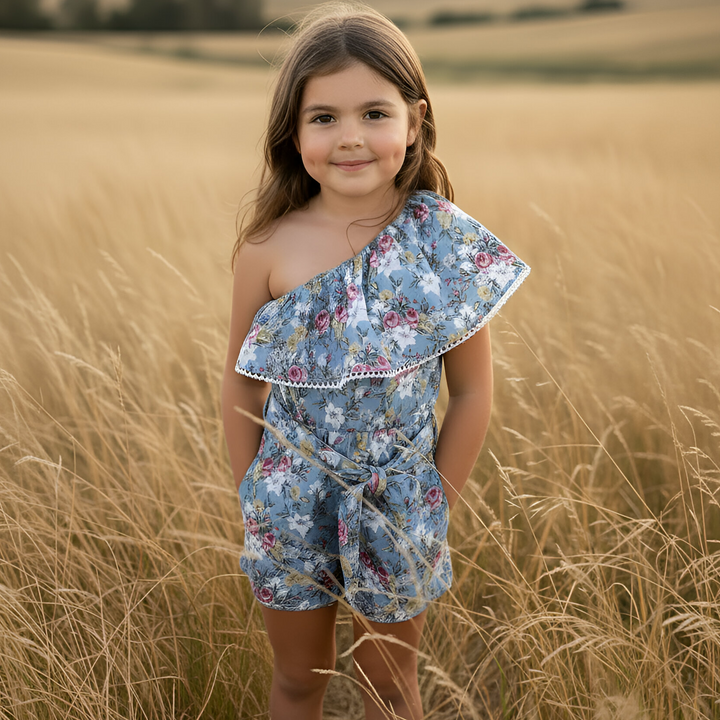 Girls Rosie One-Shoulder Playsuit - Blue Blossom