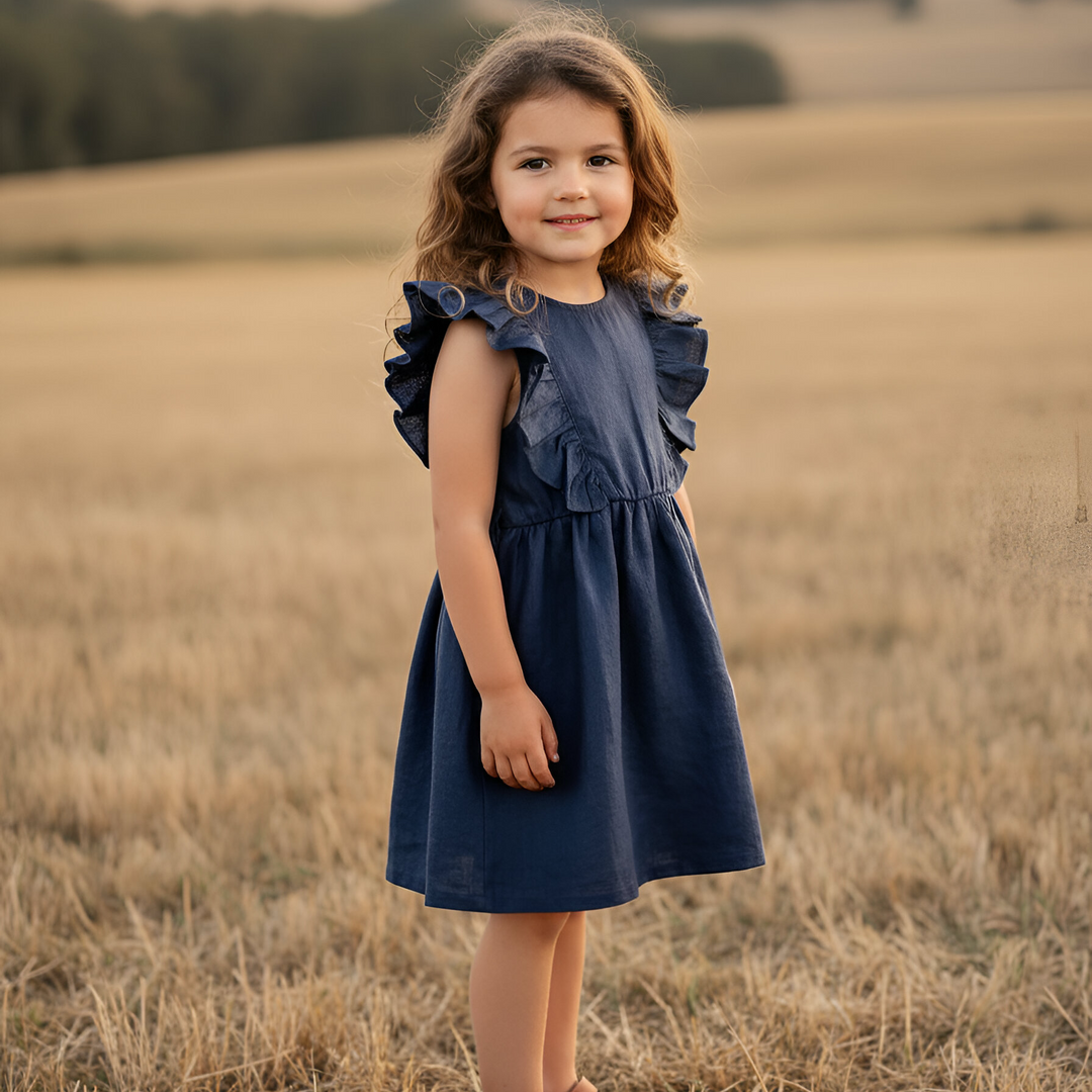 Girls Florence Summer Dress - Navy Linen