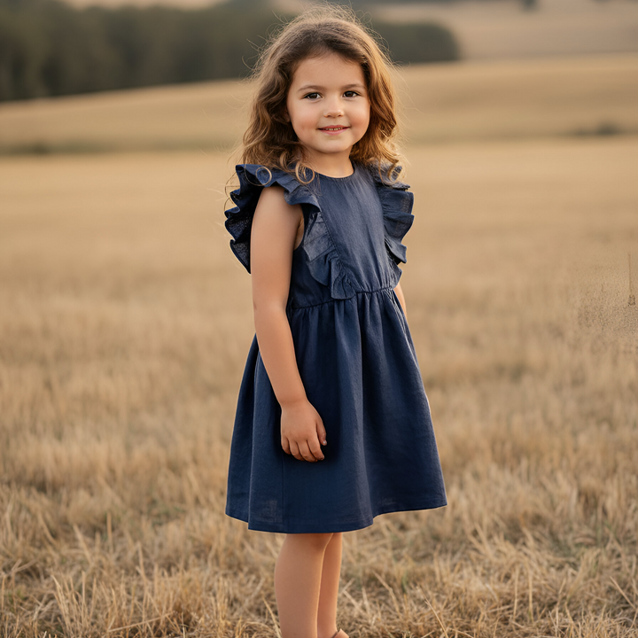 Girls Florence Summer Dress - Navy Linen