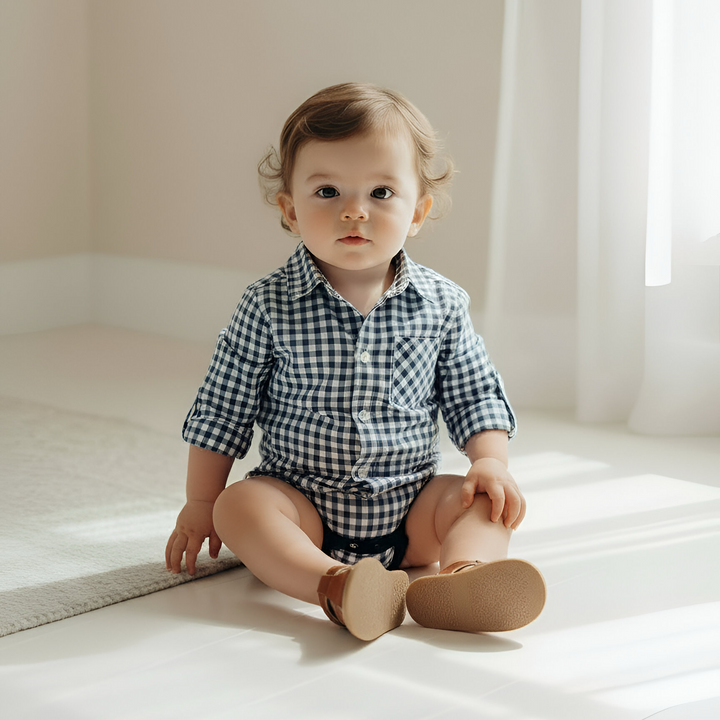 Baby Boys Dress Shirt Romper -  Blue Check 26