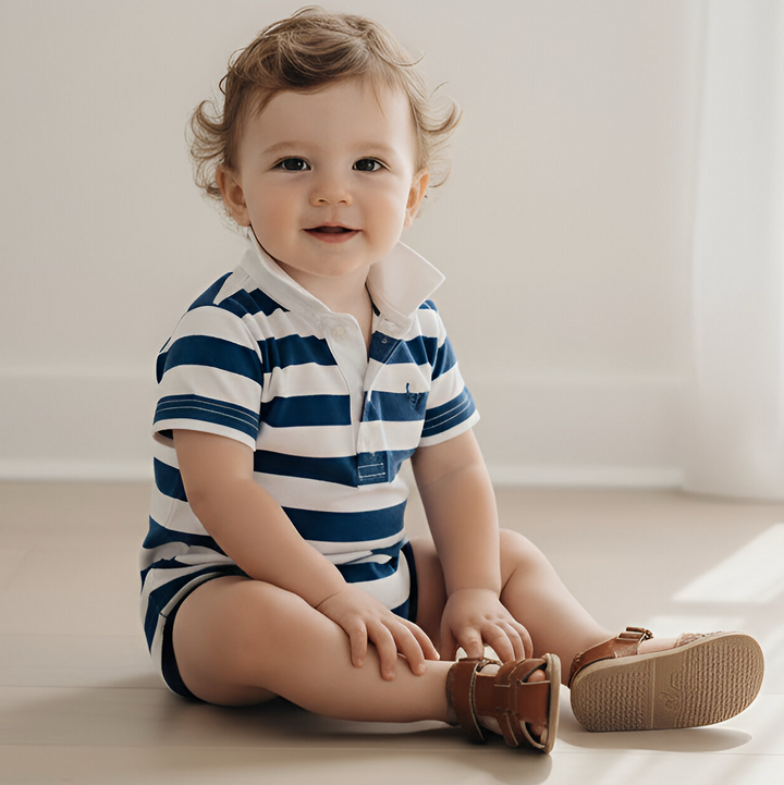 Baby Boys Rugby Polo Romper - Blue Stripe 26