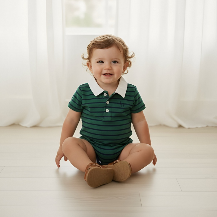 Baby Boys Rugby Polo Romper - Green Navy Stripe 26