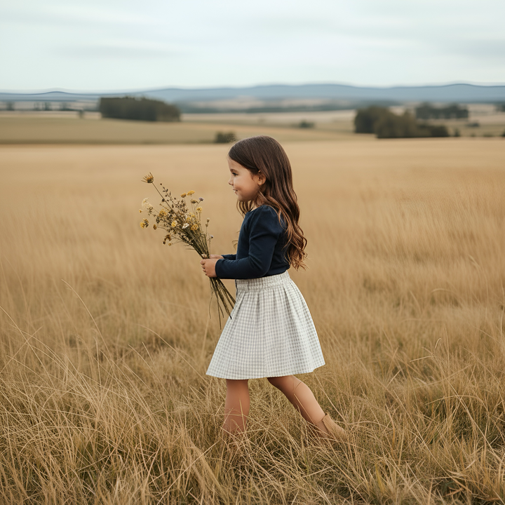 Girls Full Button Skirt - Beige Gingham