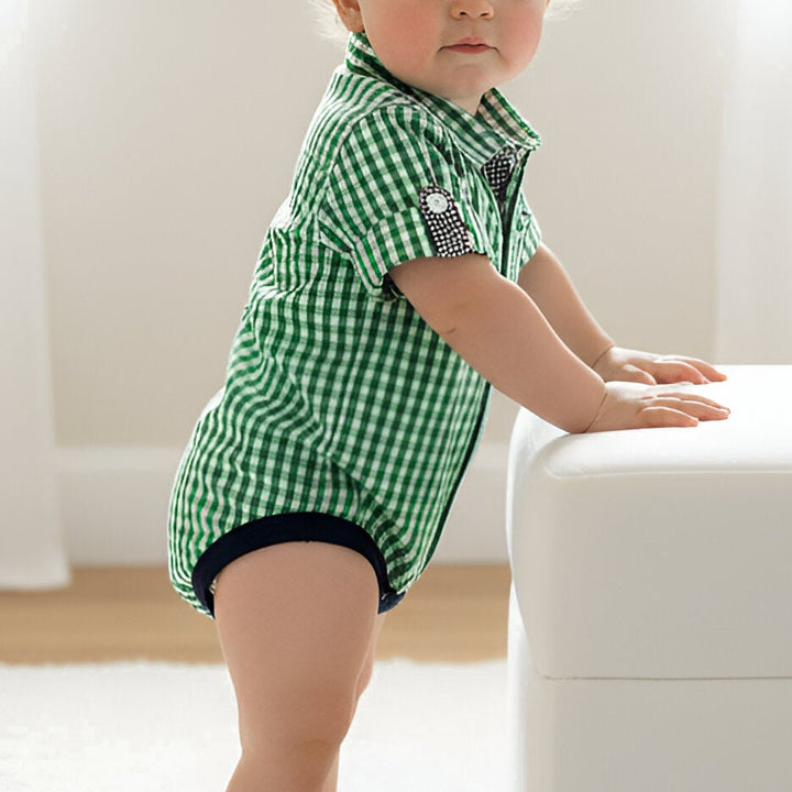 Baby Boys Dress Shirt Romper -  Bright Green Check