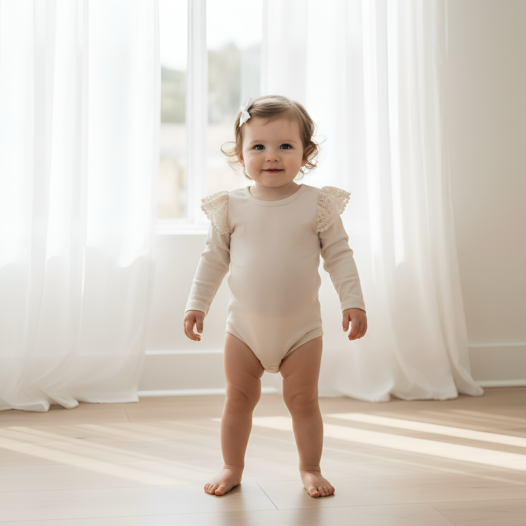 Baby Girls Lace Sleeve Romper - Beige