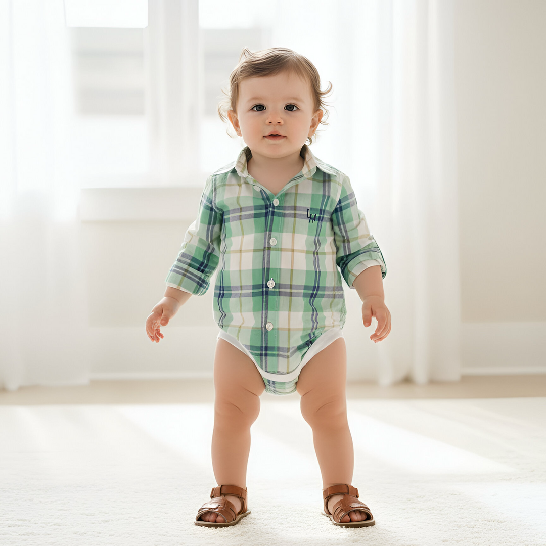 Baby Boys Dress Shirt Romper - Aqua Plaid 26