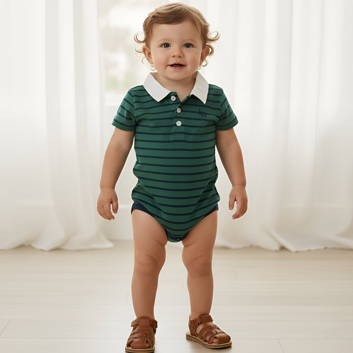 Baby Boys Rugby Polo Romper - Green Navy Stripe 26
