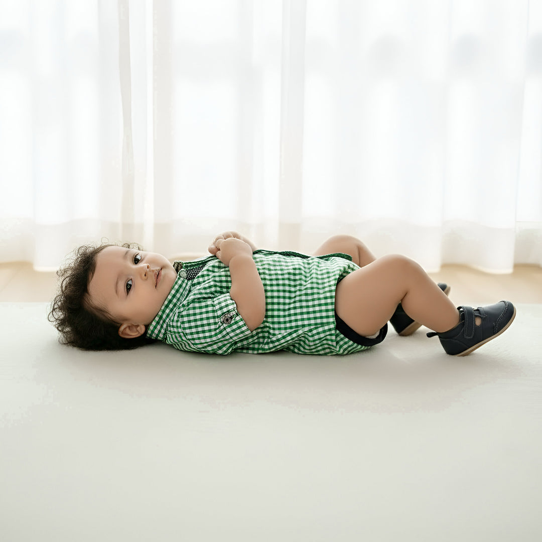 Baby Boys Dress Shirt Romper -  Bright Green Check
