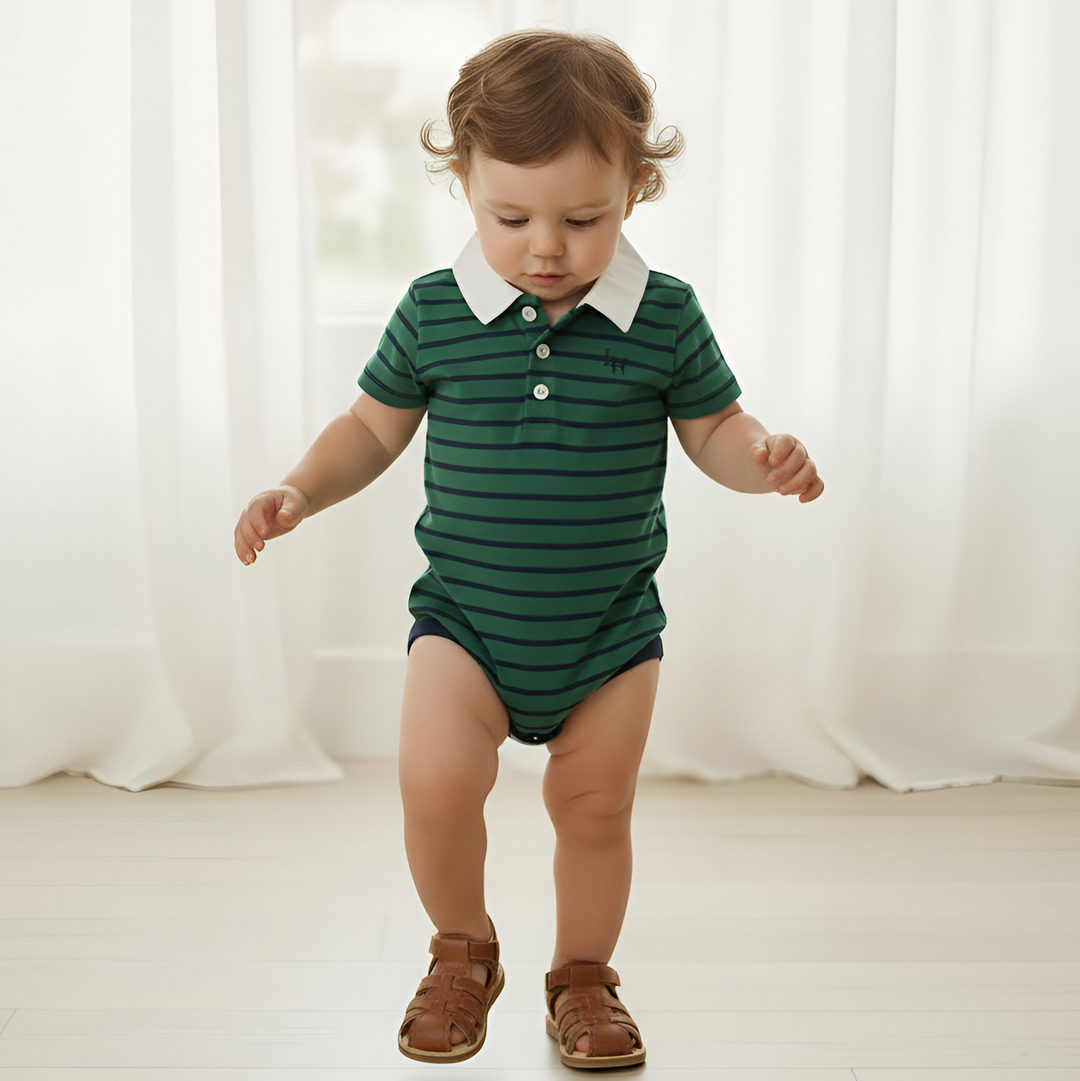 Baby Boys Rugby Polo Romper - Green Navy Stripe 26