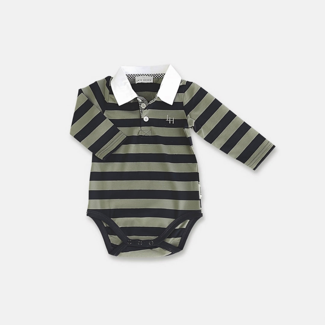 Baby Boys Freddie Polo Romper - Olive/Navy Stripe