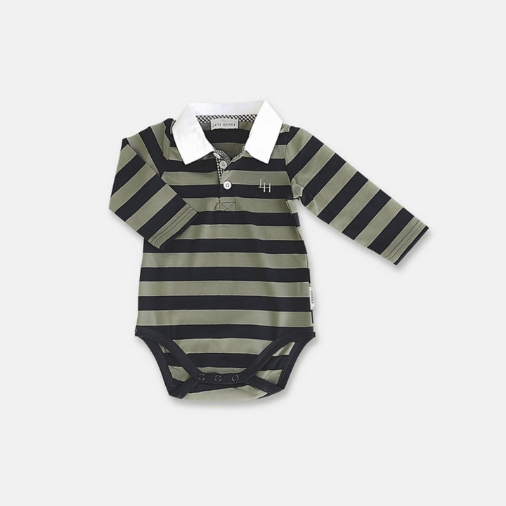 Baby Boys Freddie Polo Romper - Olive/Navy Stripe