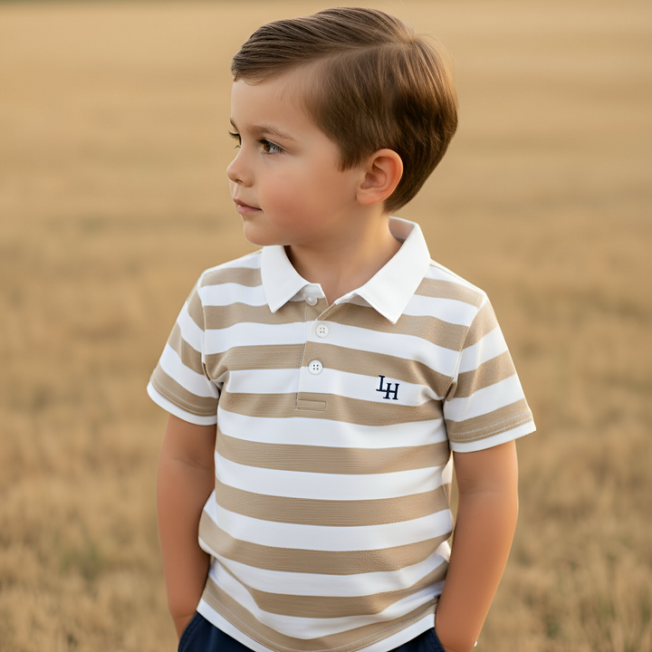 Boys Rugby Polo Shirt - Beige Stripe