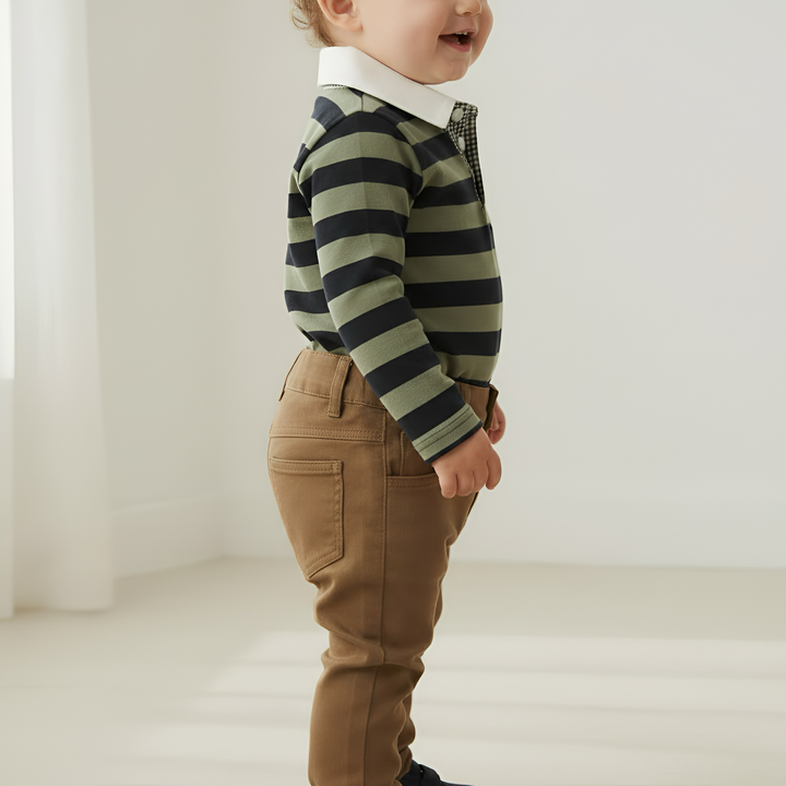 Baby Boys Freddie Polo Romper - Olive/Navy Stripe