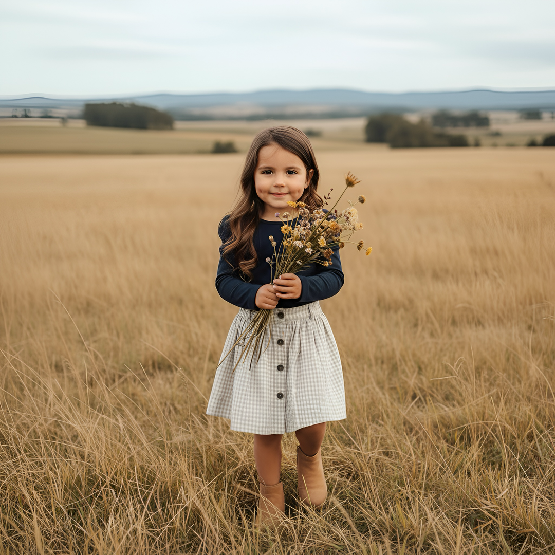 Girls Full Button Skirt - Beige Gingham