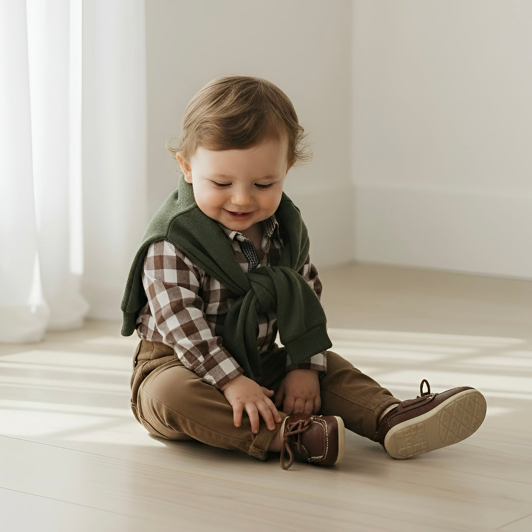 Baby Boys Dress Shirt Romper -  Large Chestnut Check