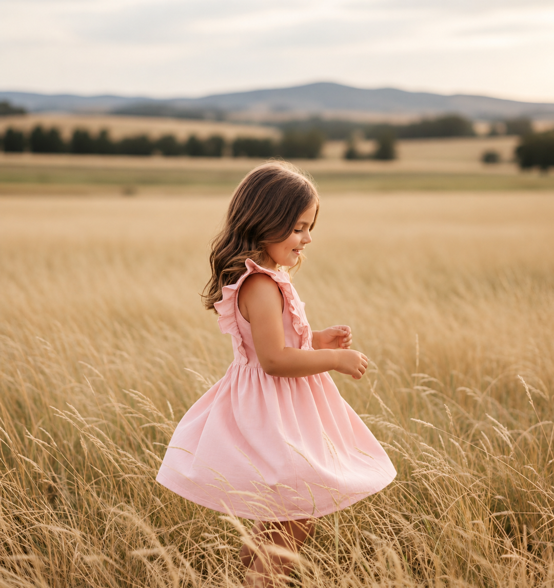 Girls Florence Summer Dress - Pink Linen