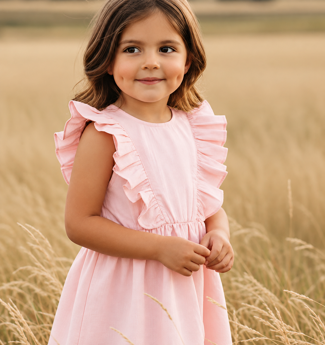 Girls Florence Summer Dress - Pink Linen