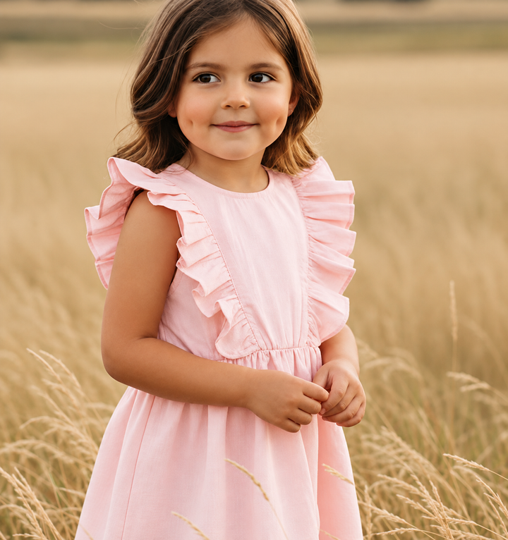 Girls Florence Summer Dress - Pink Linen