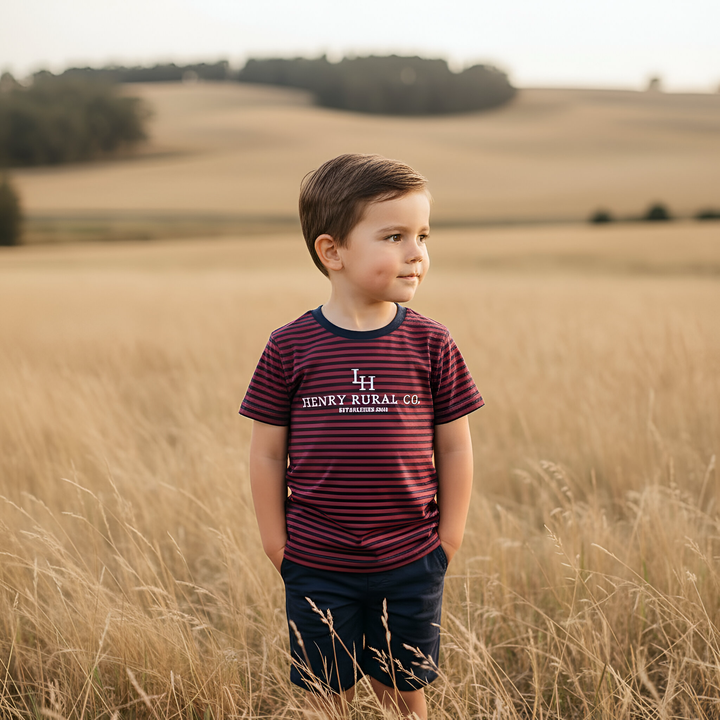 Boys Henry Rural Co Tee - Red Navy Stripe 26