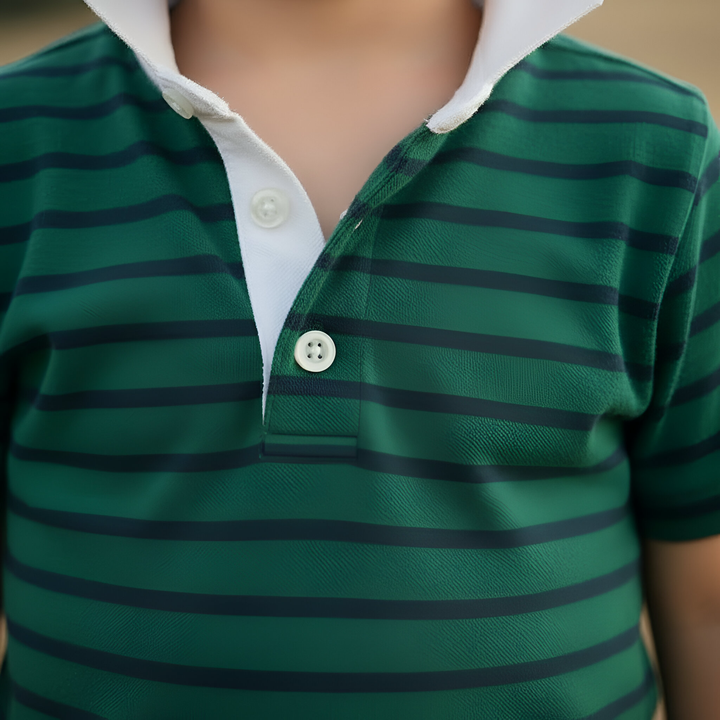 Boys Rugby Polo Shirt - Green Navy Stripe 26