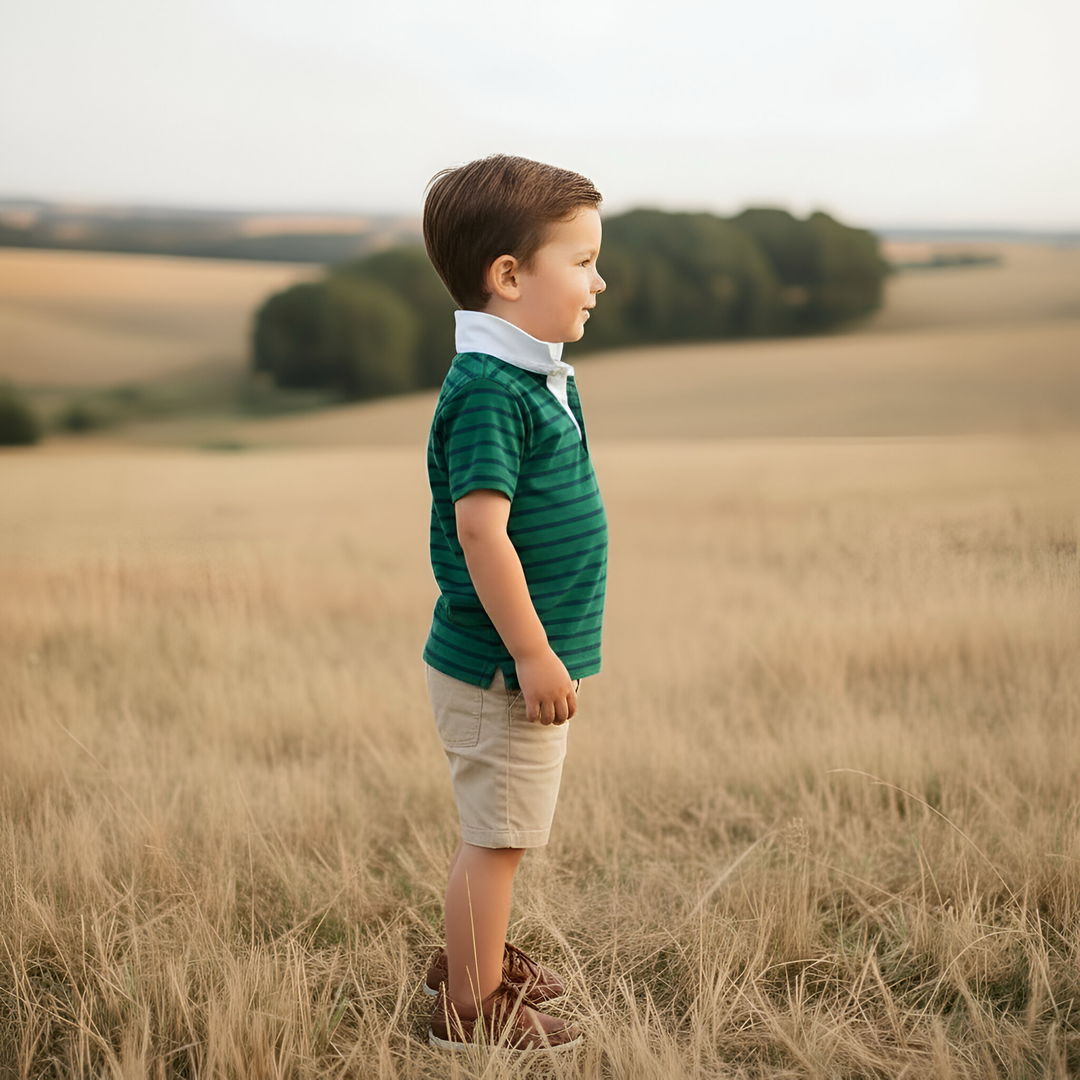 Boys Rugby Polo Shirt - Green Navy Stripe 26