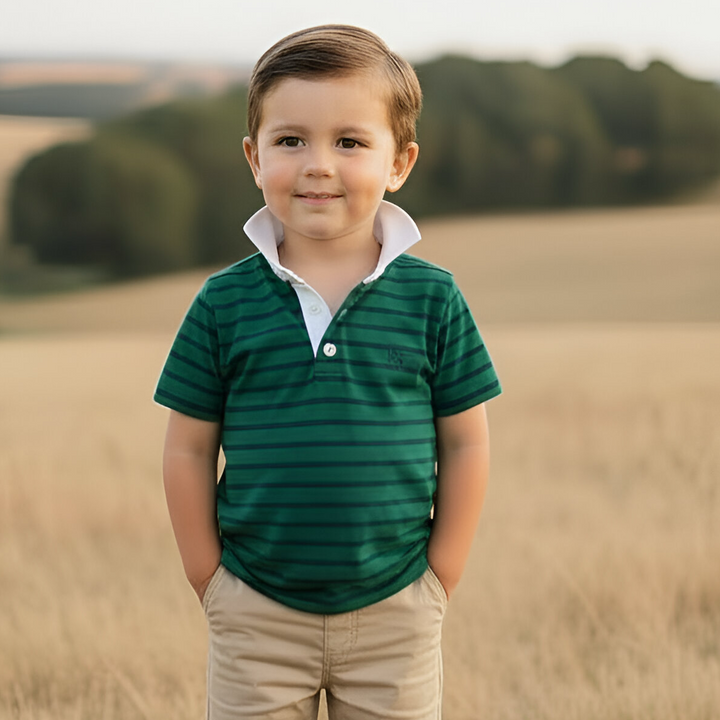 Boys Rugby Polo Shirt - Green Navy Stripe 26