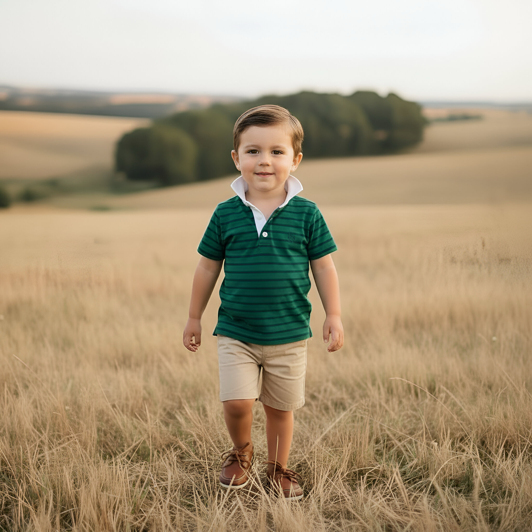 Boys Rugby Polo Shirt - Green Navy Stripe 26
