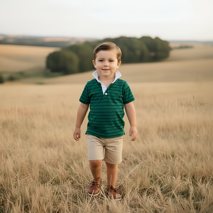 Boys Rugby Polo Shirt - Green Navy Stripe 26