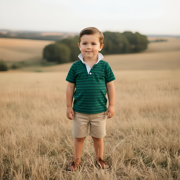 Boys Rugby Polo Shirt - Green Navy Stripe 26
