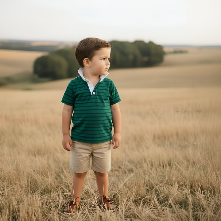 Boys Rugby Polo Shirt - Green Navy Stripe 26