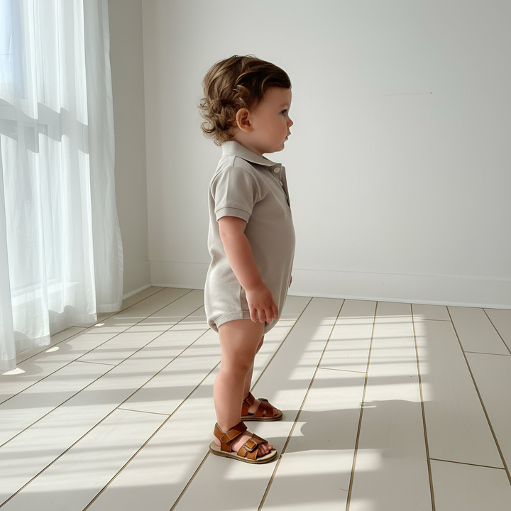 Baby Boys Polo Romper - Beige Grey