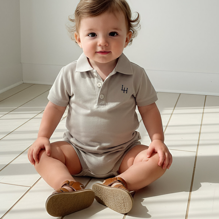 Baby Boys Polo Romper - Beige Grey