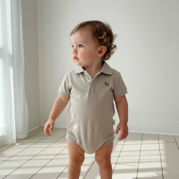 Baby Boys Polo Romper - Beige Grey