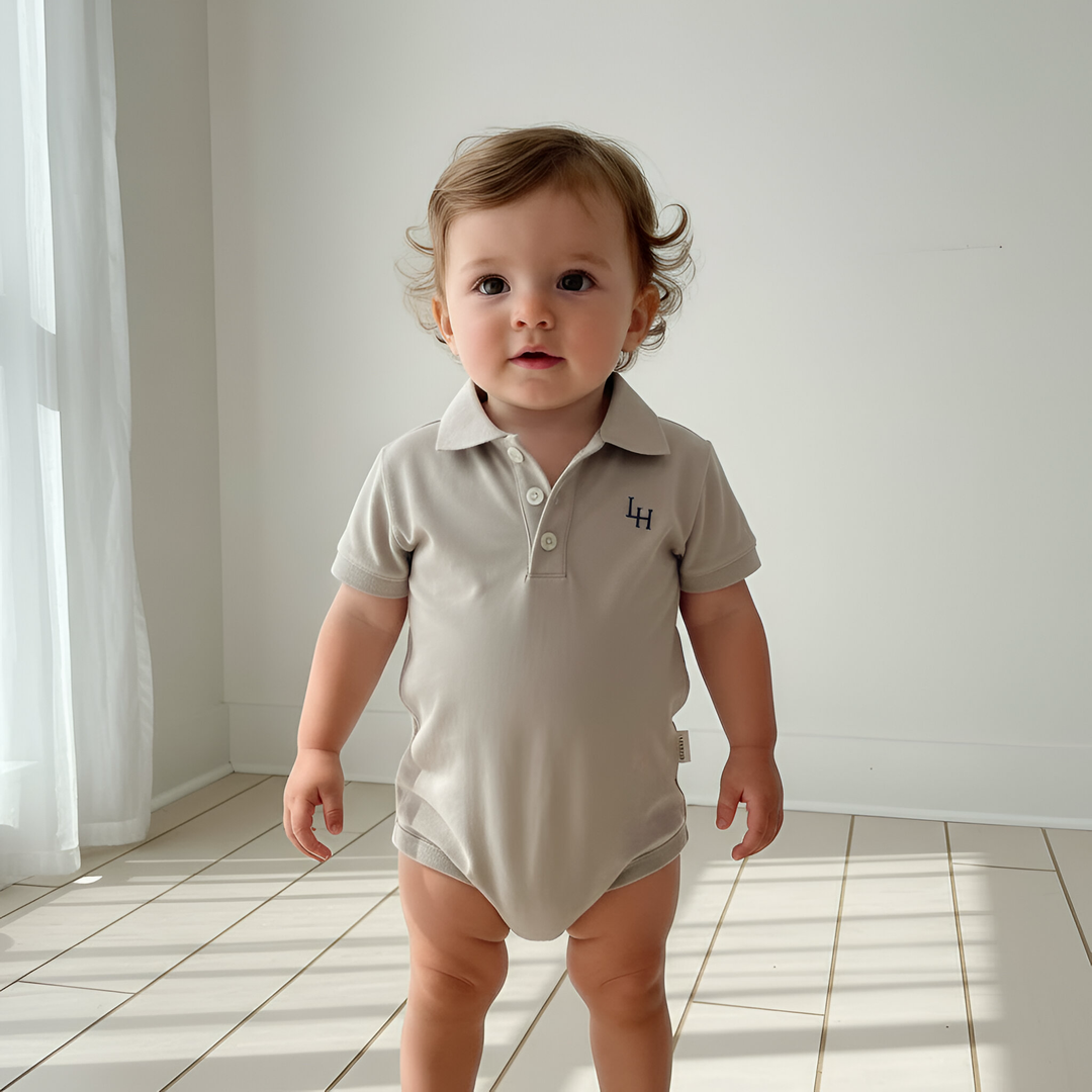 Baby Boys Polo Romper - Beige Grey