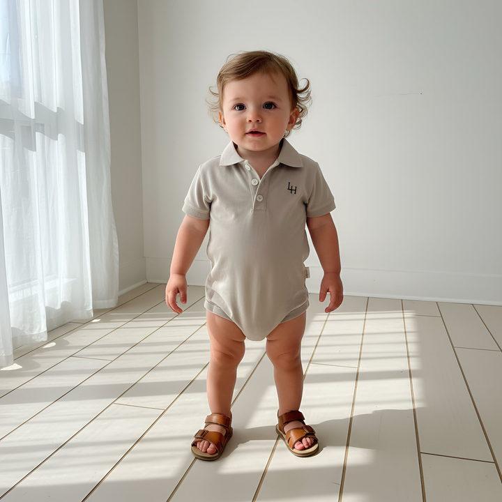 Baby Boys Polo Romper - Beige Grey