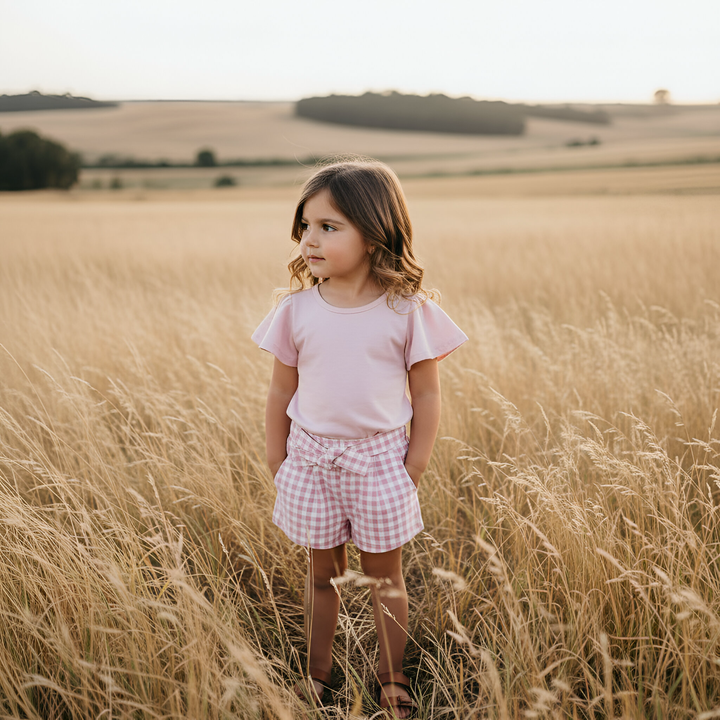 Girls Tie Waist Shorts - Pink Check