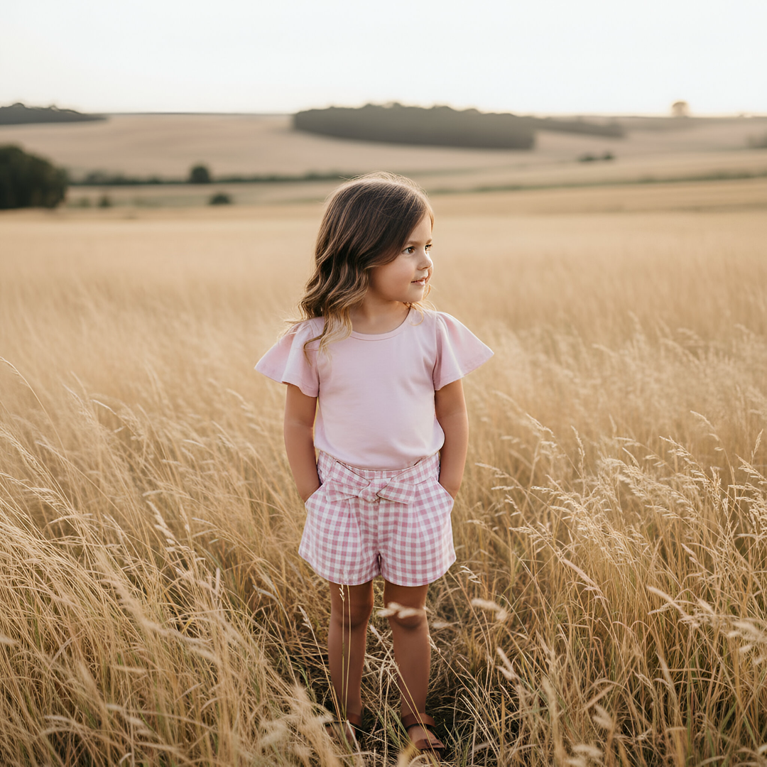 Girls Tie Waist Shorts - Pink Check