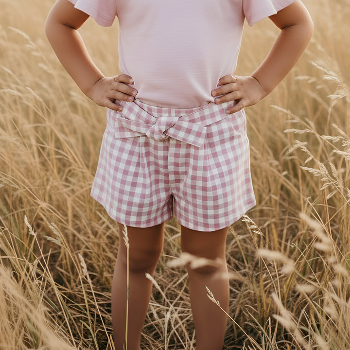 Girls Tie Waist Shorts - Pink Check