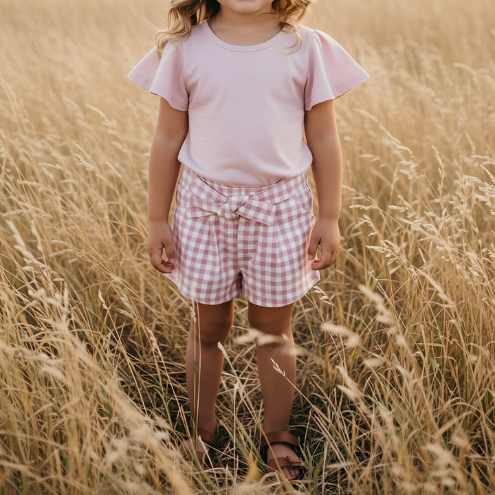 Girls Tie Waist Shorts - Pink Check