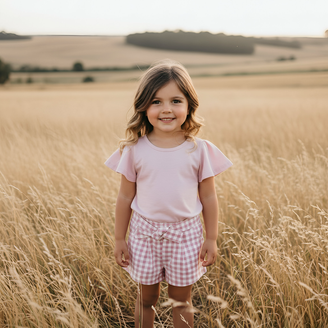 Girls Tie Waist Shorts - Pink Check