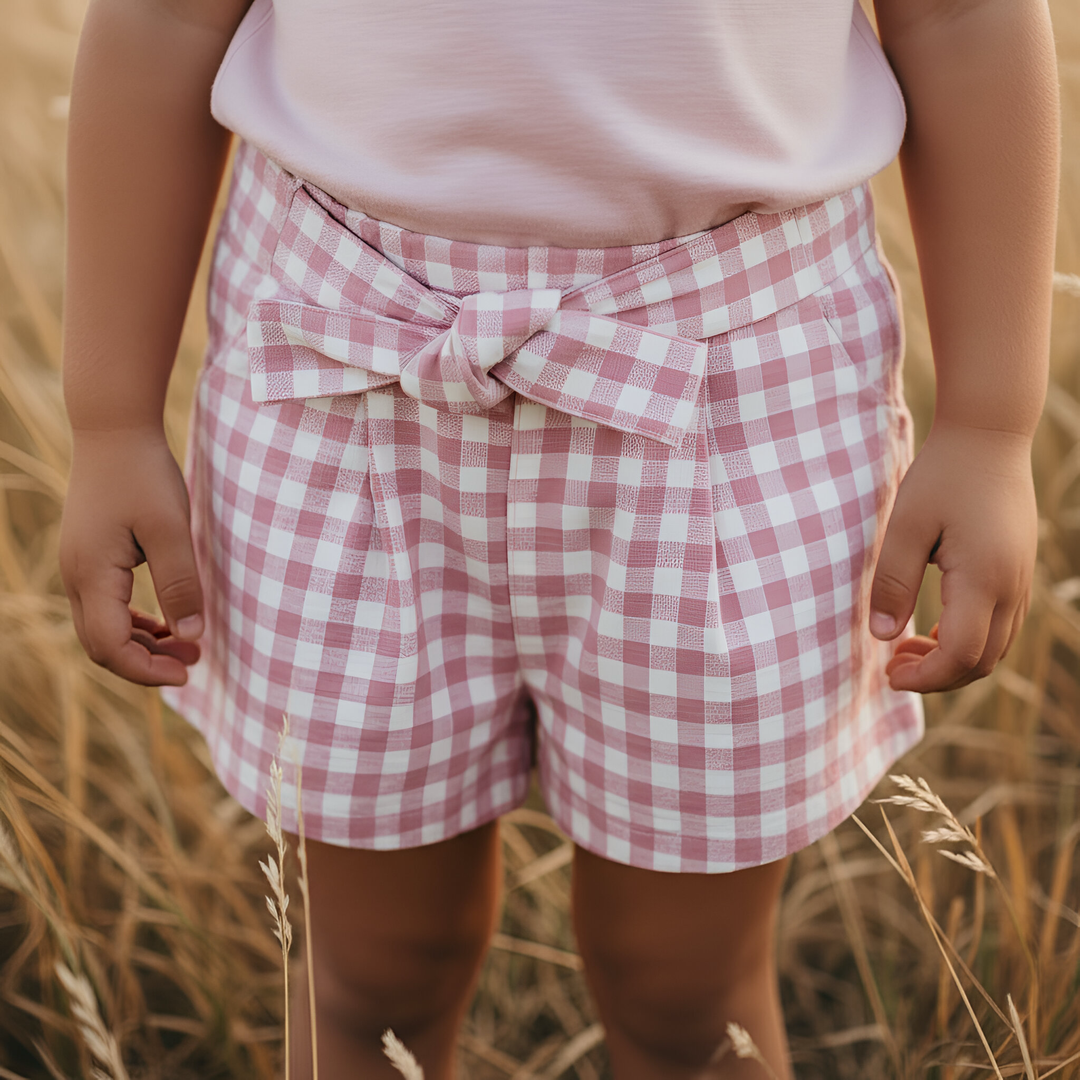 Girls Tie Waist Shorts - Pink Check