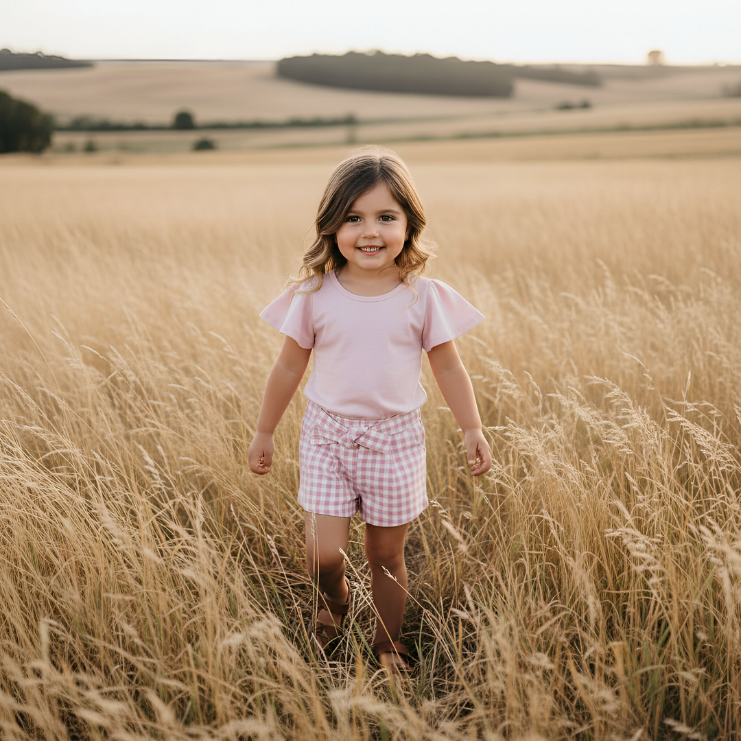 Girls Tie Waist Shorts - Pink Check