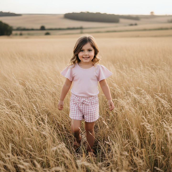 Girls Tie Waist Shorts - Pink Check