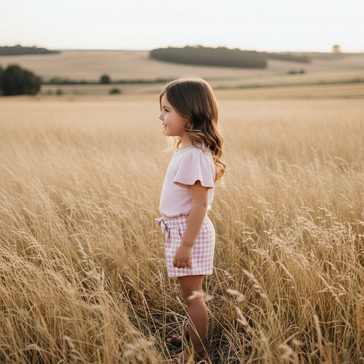 Girls Tie Waist Shorts - Pink Check