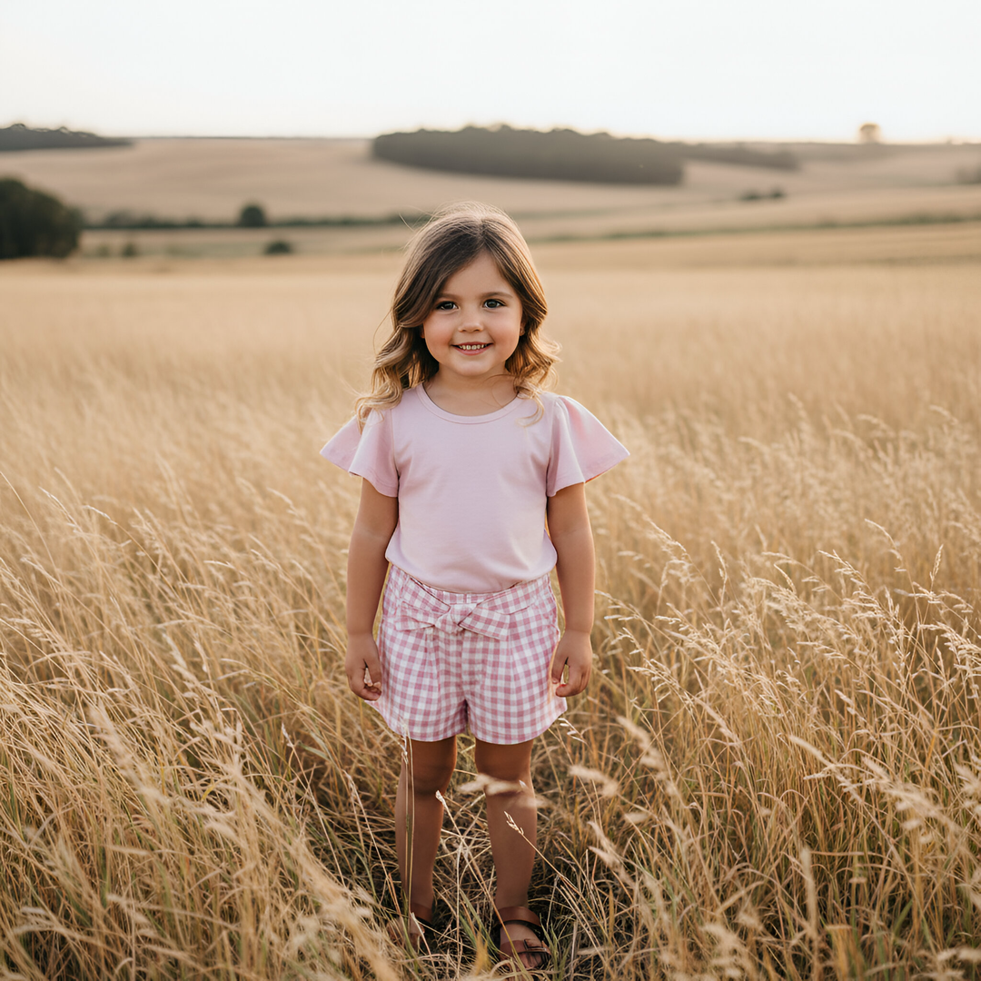 Girls Tie Waist Shorts - Pink Check