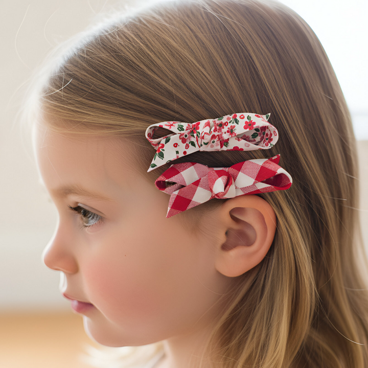 Girls Clips 2 Pack - Pink Petite Floral/Red Check 26