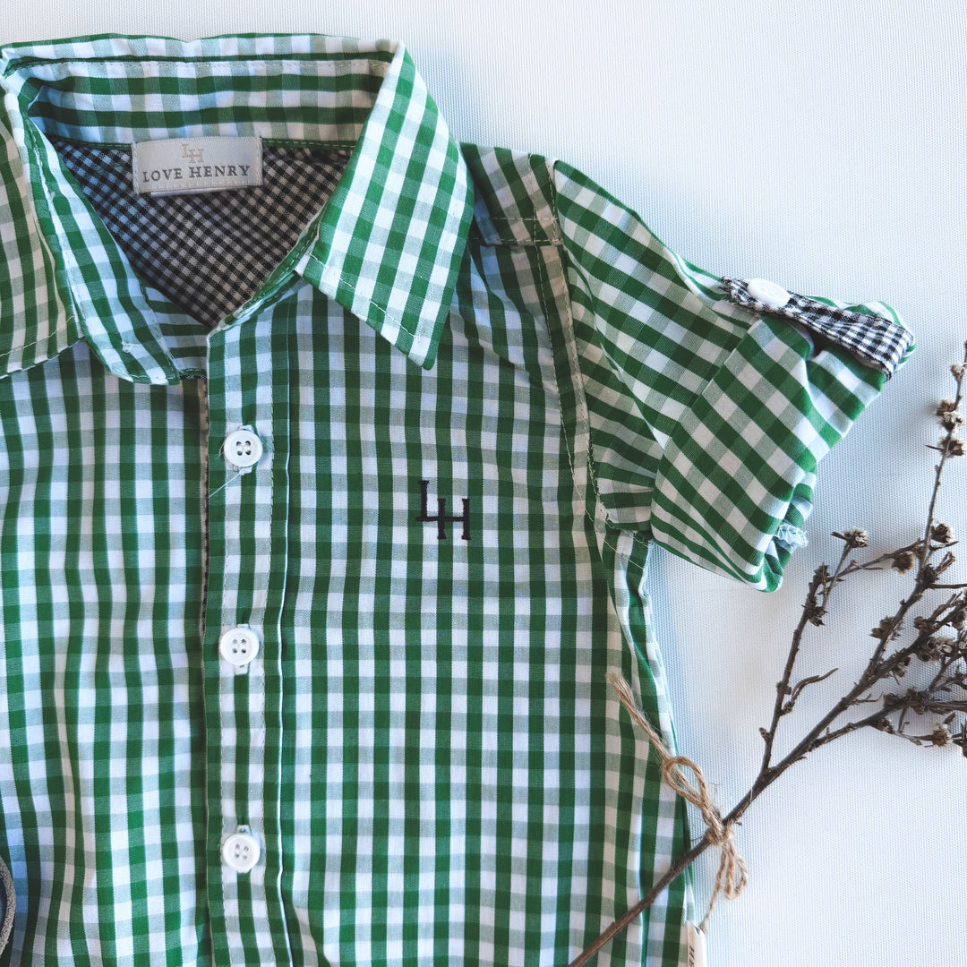 Baby Boys Dress Shirt Romper -  Bright Green Check