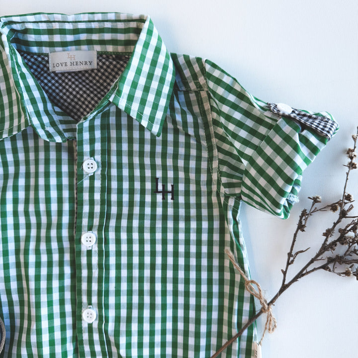 Baby Boys Dress Shirt Romper -  Bright Green Check